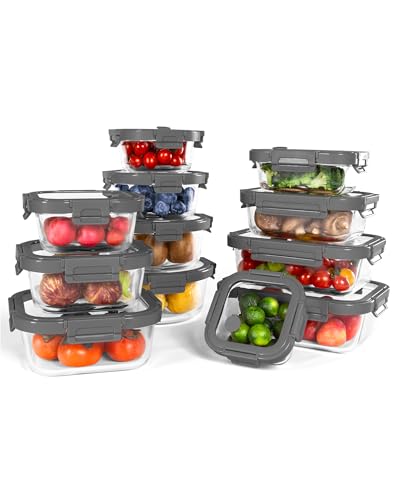 12-Pack Glass Containers with Tempered Lids – Borosilicate, Oven-Safe(-4°F~950°F), Airtight, BPA-Free, Multi-Size for Meal Prep, Dishwasher Safe, 1.6 cups to 6.4 cups (Gray) - color: Tempered Lids Gray, size: 12 mixed sizes
