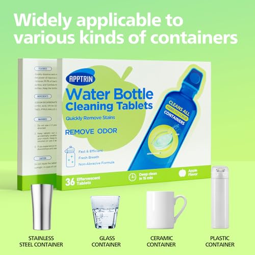 Water Bottle Cleaning Tablets, Bottle Clean Tablet for Hydration Bladders, Stainless Steel, Tumblers, and Glass Bottles, 36 count (Pack of 1), Apple - size: 1 Count (Pack of 36)