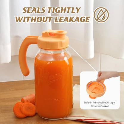 Soligt Glass Mason Jar Pitcher with Lid, Wide Mouth Flip Cap Pour Spout Leak-proof Lid with Handle, 64 oz (2 Quart / 1.9 Liter), for Iced Coffee/Sun Tea Juice/Cold Brew Coffee (1Pack, Carrot Orange) - color: Carrot Orange