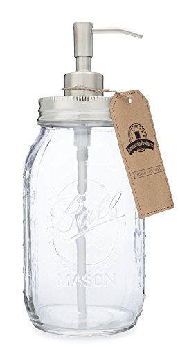Jarmazing Products Quart Size Mason Jar Soap and Lotion Dispenser - 32 Ounce - Made from Rust-Proof Stainless Steel - color: Semi-opaque Glass / Stainless Lid