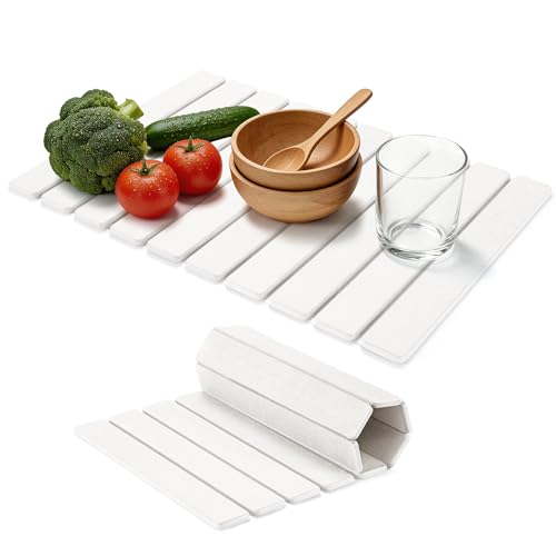 HABUTWAY Large Stone Dish Drying Mat for Kitchen Counter – 24"×16" Collapsible Diatomaceous Earth Mat, Ultra Absorbent & Quick Dry, Foldable Drying Pad for Dishes, Bottles, Cups (White) - color: White