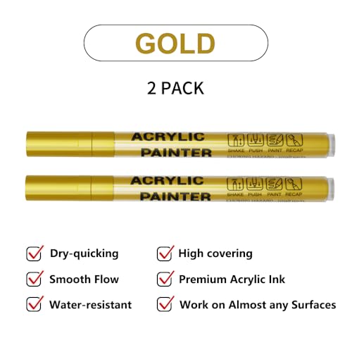 Acrylic Paint Pens Waterproof Markers 2 Gold Permanent Marker Pens Acrylic Pens for Rock Painting Glass Stone Ceramic Metal Fabric Pebble Painting pens Craft Supplies - color: Gold