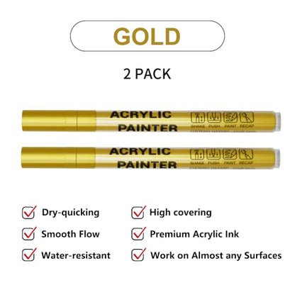 Acrylic Paint Pens Waterproof Markers 2 Gold Permanent Marker Pens Acrylic Pens for Rock Painting Glass Stone Ceramic Metal Fabric Pebble Painting pens Craft Supplies - color: Gold
