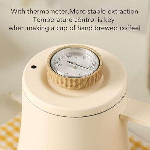 Tnfeeon 304 Stainless Steel Gooseneck Coffee Kettle 600ML Pour Over Kettle with Thermometer Lid Long Narrow Spout Compact Design for Home Office Camping