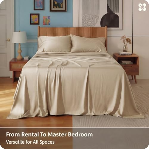 Bedsure PureWoven 100% Rayon Derived from Bamboo, King Size Sheets Set | Cooling Sheets for Hot Sleepers, Breathable & Silky Soft, 16" Deep Pocket, Hotel Luxury Bedding, Beige - color: 03 - Beige, size: King