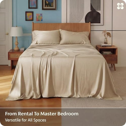 Bedsure PureWoven 100% Rayon Derived from Bamboo, Full Size Sheets, 4 PCS | Cooling Sheets for Hot Sleepers, Breathable & Silky Soft, 16" Deep Pocket, Hotel Luxury Bedding, Beige - color: 03 - Beige, size: Full