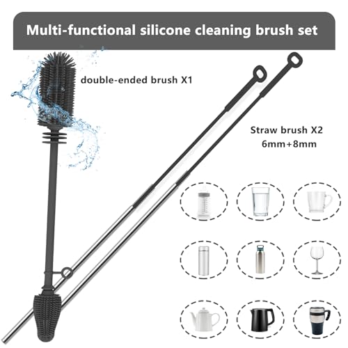 Silicone Bottle Brush and Straw Cleaner Set,Water Bottle Brush Double-Headed,Straw Brush Silicone,Bottle Cleaner Brush for Thermoses and Sports/Water Bottles/Dish/Cup (Black-Grey)