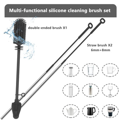 Silicone Bottle Brush and Straw Cleaner Set,Water Bottle Brush Double-Headed,Straw Brush Silicone,Bottle Cleaner Brush for Thermoses and Sports/Water Bottles/Dish/Cup (Black-Grey)