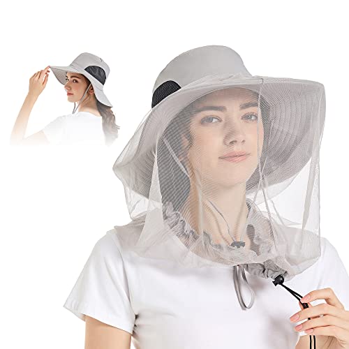 Mosquito Head Net Hat - Bug Cap UPF 50+ Sun Protection with Hidden Netting for Beekeeping Hiking Women - color: Light Grey(removable Bug)