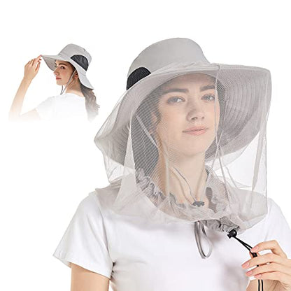 Mosquito Head Net Hat - Bug Cap UPF 50+ Sun Protection with Hidden Netting for Beekeeping Hiking Women - color: Light Grey(removable Bug)