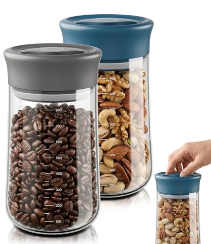 OURCABECUE 2026 Upgrade Wide Mouth Glass Storage Jars 27 oz, 90° Rotating Switch Lid Mason Jars, 2 Pack Food Grade Overnight Oats Jars for Food Storage, Pickling, Meal Prep - color: Blue+Grey 2PC, size: 27OZ