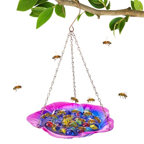 Bee Feeder with Vivid Hibiscus Design - Anti-Rust Iron Bee Watering Station for Feeding, Colorful Butterfly Bath Bowl Bee Cups with 30 Glass Marbles for Outdoor Yard Garden Decor Gifts (Purple) - style: Purple Hibiscus