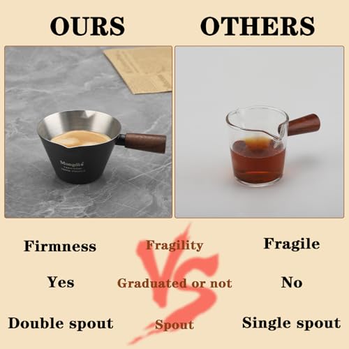 Mongdio Espresso Measuring Cup, Stainless Steel Espresso Shot Cups with Wooden Handle and Double Spouts, 3.4OZ/100ML, Black - color: Black, size: 3.4oz