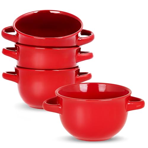 KooK French Onion Soup Crocks with Handles, Ceramic Bowls, for Rice, Dessert, Pasta, Dishwasher, Microwave, Oven & Broil Safe, Red, Set of 4, 18 oz, Red - color: Red