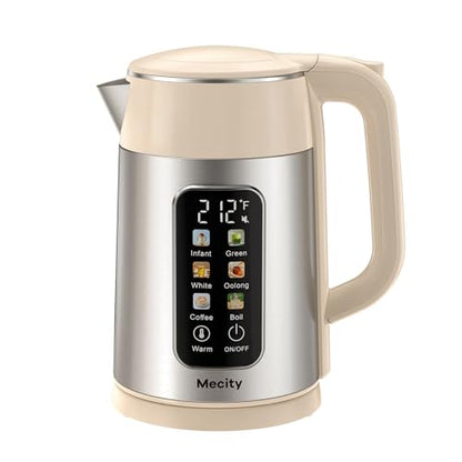 Mecity Electric Kettle 1.7L Touch Screen Temperature Control Water Boiler, No Plastic Contact with Water. 6 Presets For Tea and Coffee, 2 Hours Keep Warm, Auto Shut Off, Cream & Stainless Steel Color - color: Silver & Cream