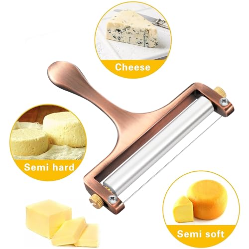 TOPULORS Wire Cheese Slicer Handheld Cutter with 1 Extra Wire, Copper Red | Stainless Steel Cheese Cutter Wire for Mozzarella, Cheddar, Gruyere, Adjustable Thickness Cheese Shaver for Block Cheese - color: Copper red - Wire cheese slicer