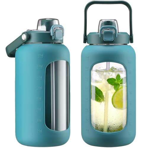 72oz Glass Water Bottle with 2-IN-1 Straw &Chug Lid, Large Motivational Glass Bottle with Capacity Marker and Silicone Sleeve, 2.1Liter Gallon Water Jug for Home, Sports, Gym, BPA Free-Green - color: Green