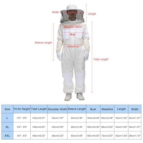 HARFINGTON Bee Suit for Men and Women L Beekeeping Suits Outfit with Glove and Round Veil Hood Bee Suits for Men Proof Backyard Professional and Beginner Bee Keeper Thick, White - size: L
