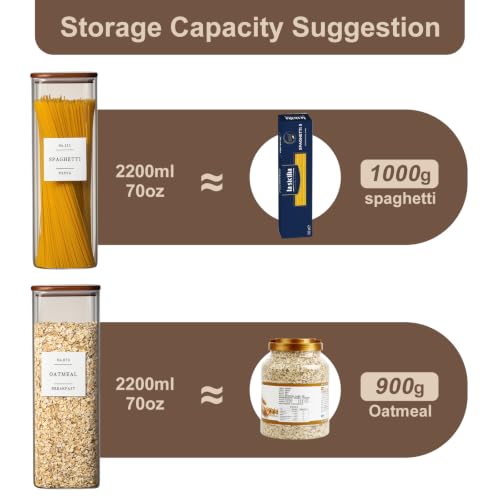 Wissy&Konny 3 Pack Square Glass Pasta Storage Containers with Walnut Wooden Airtight Lids, 70oz Tall Spaghetti Container Storage for Pasta,Spaghetti,Cereal,Space Saving Design(132 Pantry Labels)