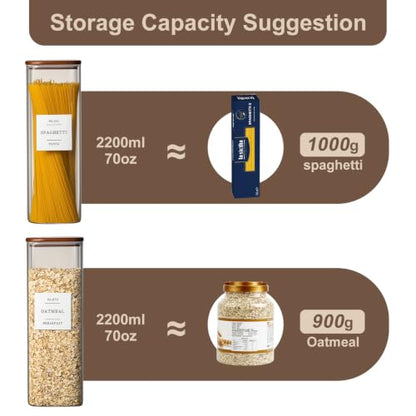 Wissy&Konny 3 Pack Square Glass Pasta Storage Containers with Walnut Wooden Airtight Lids, 70oz Tall Spaghetti Container Storage for Pasta,Spaghetti,Cereal,Space Saving Design(132 Pantry Labels)