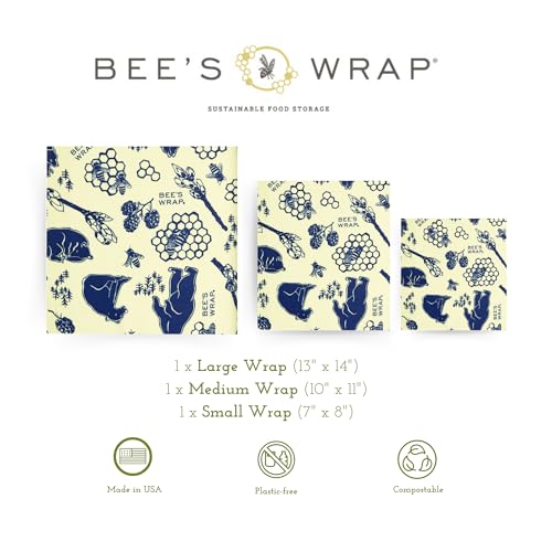 Bee's Wrap Beeswax Wraps for Food - 3 Pack of Assorted Beeswax Wraps - Small, Medium & Large Wrap - Plastic Free Made in USA Reusable Natural Food Wrap - Bees & Bears Print - style: 3 Pack (Bees + Bears)