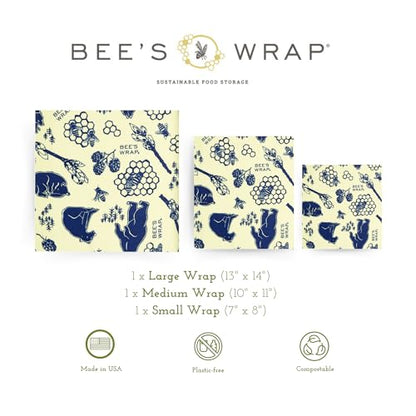 Bee's Wrap Beeswax Wraps for Food - 3 Pack of Assorted Beeswax Wraps - Small, Medium & Large Wrap - Plastic Free Made in USA Reusable Natural Food Wrap - Bees & Bears Print - style: 3 Pack (Bees + Bears)