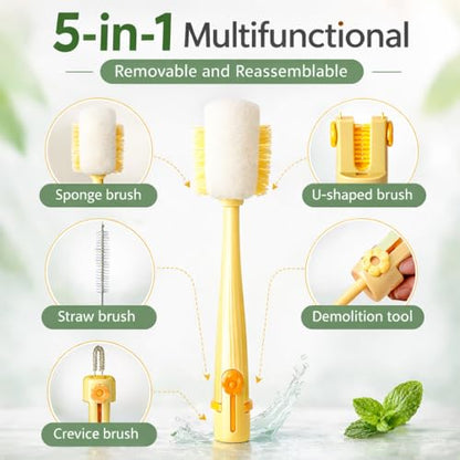 Bottle Cleaning Brush Set, 5-in-1 Multifunctional Bottle Brush with Straw Cleaner, Sponge Bottle Brush for Water Bottles, Tumblers, Cups, Lids and Narrow Neck Containers (Yellow) - color: Yellow