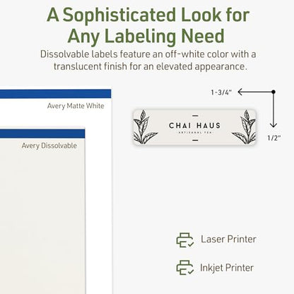 Avery Dissolvable Rectangle Labels, Sure Feed Technology, 0.5" x 1.75", Matte White, Print-to-The-Edge, Laser/Inkjet Printable, 300 Labels Total - style: 300 labels