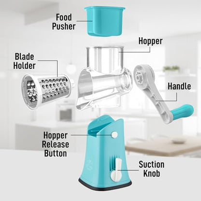 Zulay Kitchen Rotary Cheese Grater 5 Blade Cheese Shredder - Manual Hand Crank Cheese Grater With Reinforced Suction & 5 Interchangeable Drums - Easy to Use, Vegetable Chopper Round Mandoline Slicer - color: White and Light Blue