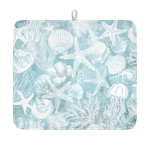 Summer Sea Shell Drying Mat 18x16 Inch, Teal Starfish Drying Mat with Absorbent Reversible Microfiber, Coastal Dish Drainer Mats Holiday Ocean Rack Pad for Coffee Countertop Kitchen Protector - color: Teal Blue White, size: 18" x 16"