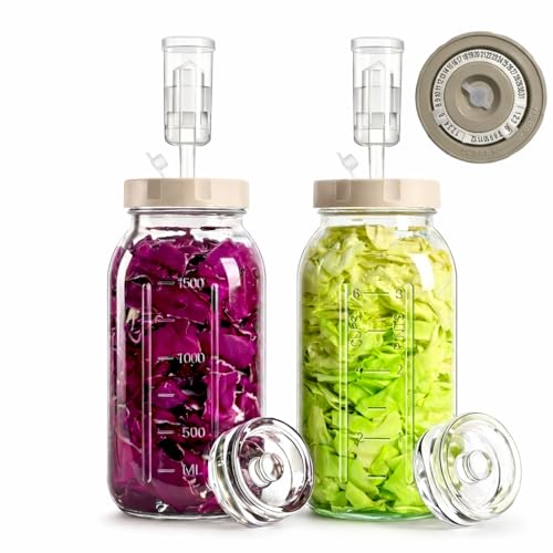 64oz Glass Fermentation Jar, 2L Glass Fermenting Jar with Dial Date Tracker Lids, Airlocks & Weights, Fermenting Kit for Sauerkraut, Pickling, Kombucha & Cider(2 Pack Jars Included）
