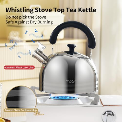 Whistling Tea Kettle, 3.17 Quart/3L Stainless Steel Tea Pot, Stove Top Tea Kettle，Induction Teakettle with Anti-Heat Handle (Mirror Polish) - color: Silver Stripe, size: 3.2 Quarts