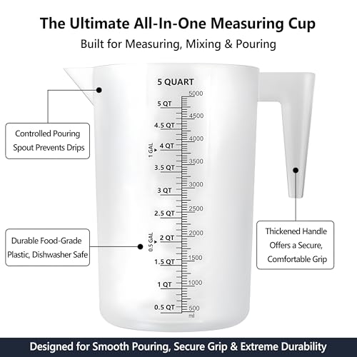 Large 5000 ml Measuring Cup, 1 Gallon Measuring Pitcher with Quart, Gallon & mL Markings, Heavy-Duty Measuring Container for Engine Oil, Chemicals, Mixing & Fluid Transfer - size: 1 Gal (5 QT / 5000 mL）