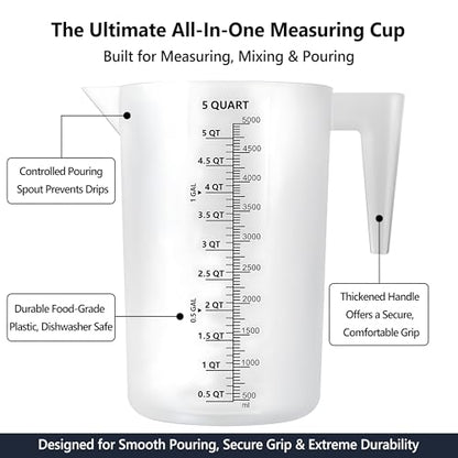 Large 5000 ml Measuring Cup, 1 Gallon Measuring Pitcher with Quart, Gallon & mL Markings, Heavy-Duty Measuring Container for Engine Oil, Chemicals, Mixing & Fluid Transfer - size: 1 Gal (5 QT / 5000 mL）