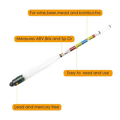 Hydrometer and Test Jar for Wine, Beer and Kombucha - Including 250ml Plastic Cylinder, Cleaning Brush and ABV Storage Bag