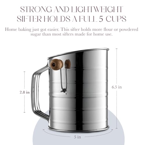 Bellemain 5 Cup Flour Sifter for Baking Fine Mesh Rotary Hand Crank with Loop Agitator for Quick Sifting, Flour Sifter Stainlees Steel - size: 5 Cup