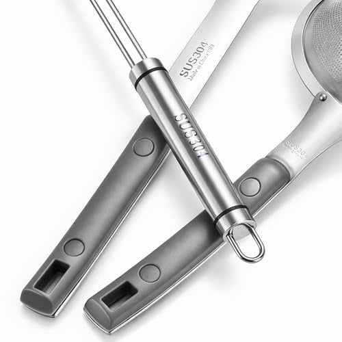 3 Pieces Spider Strainer Skimmer Spoon Set, Fine Mesh Stainless Steel Sieve Food Strainers, Large Hole Slotted Colander Frying Spoons, Strainer Ladle Wire Skimmer Spoon with Handle for Kitchen