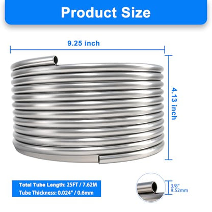 3/8" x 25Ft 304 Stainless Steel Tubing Coil, Food Grade Welded Immersion Wort Chiller Tube for Home Beer Brewing, Ice Bath Cooling, and DIY Projects