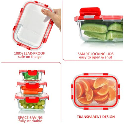 KOMUEE 24 Pieces Glass Food Storage Containers Set, Meal Prep Containers, BPA-Free Airtight Glass Storage Containers with lids, Freezer, Microwave and Oven Safe, Red - color: Red