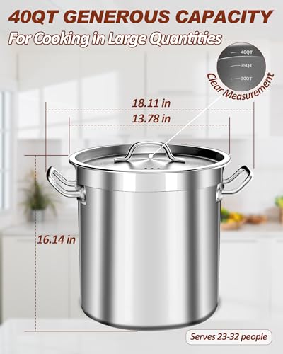 Large Stock Pot with Lid - 40 Quart Stainless Steel Cookware, 10 Gallon Heavy Duty Soup Pot, Big Pots for Cooking, Compatible Induction & Oven - size: 40 Quarts
