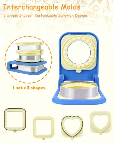 3-in-1 Uncrustable Sandwich Maker - Heart/Circle/Square Crustless Sandwich Cutter & Sealer for Kids' Lunch, Breakfast & Lunchboxes | BPA-Free Uncrustable Press,Easy Clean(3-Shape Blue) - color: 3-Shape Blue