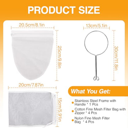 9 Pcs Fine Mesh Strainer Bags with Stainless Steel Handle, Reusable Nut Milk Bag Cheesecloth Filter Bag for Straining Cheese Fruit Juice Coffee Yogurt Tea (Small)