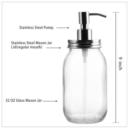 Amolliar Quart Size Mason Jar Liquid Soap Dispenser, 32OZ Glass Pump Bottle Rustproof Stainless Steel Pump Lid Lotion Dispenser, Regular Mouth Dish Soap Dispenser for Bath, Hand Soap, Silver 1 Pack - color: Silve, size: 1 Pack