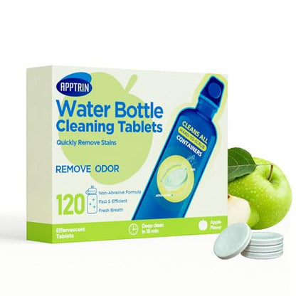 Water Bottle Cleaning Tablets, Bottle Clean Tablet for Hydration Bladders, Stainless Steel, Tumblers, and Glass Bottles, 120 count (Pack of 1), Apple - size: 1 Count (Pack of 120)