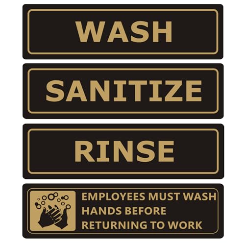 (4 PACK) Wash Rinse Sanitize Sink Labels Signs Stickers with Employees Must Wash Hands Sign, Self-adhesive Waterproof Aluminum Metal Sign for Restaurant Kitchen Sinks (Black/Gold, 7" x 2") - color: Black/Gold, size: 7" x 2"