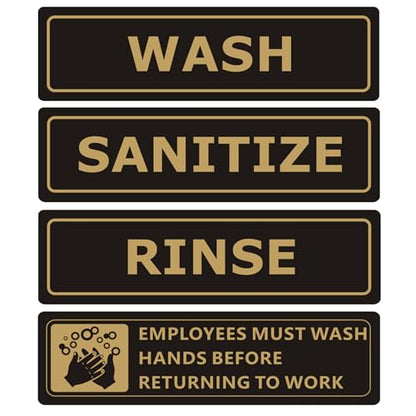 (4 PACK) Wash Rinse Sanitize Sink Labels Signs Stickers with Employees Must Wash Hands Sign, Self-adhesive Waterproof Aluminum Metal Sign for Restaurant Kitchen Sinks (Black/Gold, 9" x 3") - color: Black/Gold, size: 9" x 3"