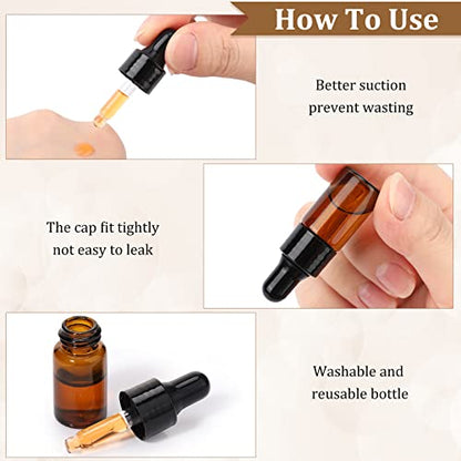Nuogo 100 Pcs Mini Amber Glass Oil Dropper Bottle Bulk, Clear Essential Small Empty Sample Vial with Dropper and Black Caps Tiny Amber Glass Bottles Perfume Jars for Travel(3 ml) - size: 3 ml