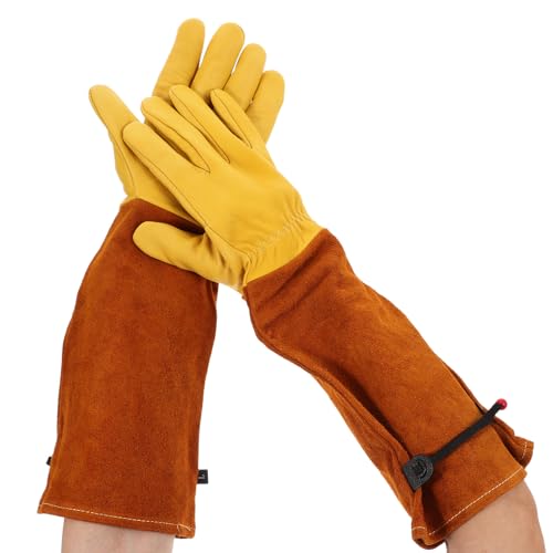 Leather Garden Gloves for Rose Pruning and Beekeeping Thorn and Puncture Resistant Long Sleeve Gloves with Gold Goat Skin Palm and Brown Cowhide Sleeve Size L