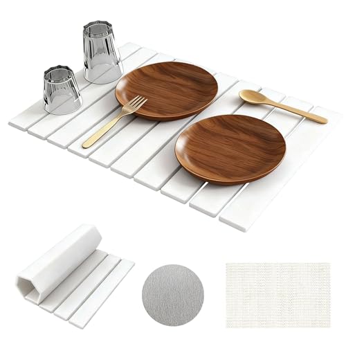 Large Stone Drying Mat for Kitchen Counter, 24"×16", Foldable Super Absorbent Stone Dish Drying Mat for Tableware, Bottles and Cups, Non Slip Diatomaceous drying matt kitchen counter (White)