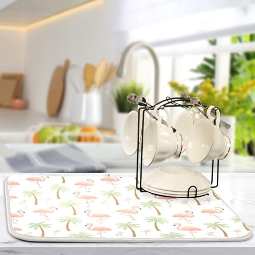 Tropical Flamingo Palm Tree Dish Drying Mat for Kitchen Counter Super Absorbent Draining Mat with Non-slip Backed Dish Rack Pad for Dish Bottles Cups Bowl Sinks Countertops Draining Racks
